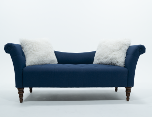 Blue Couch w/ White Fur Pillows