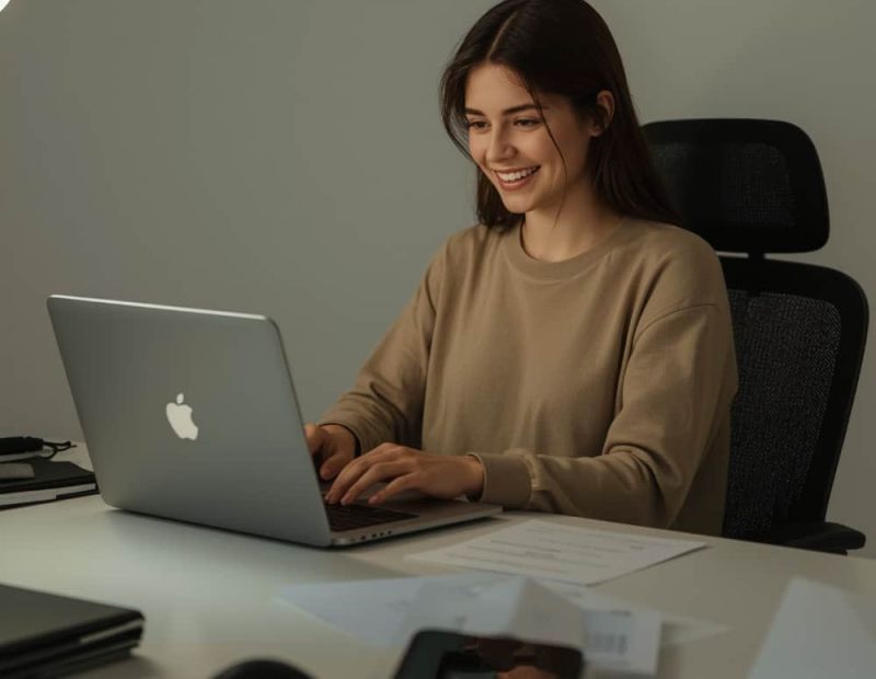 Woman on laptop booking online
